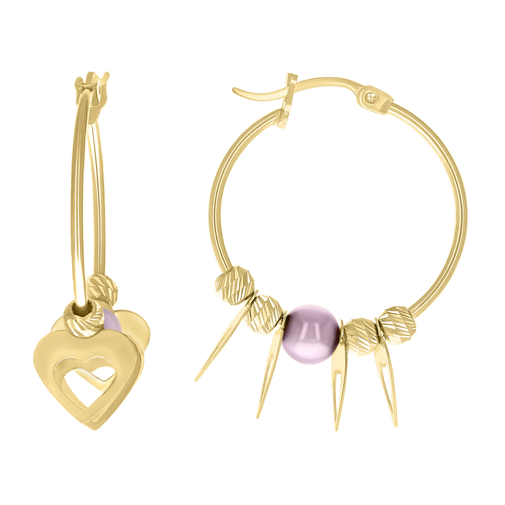 10kt 10k Yellow Gold Womens Heart Purple Beaded Hoop Earrings